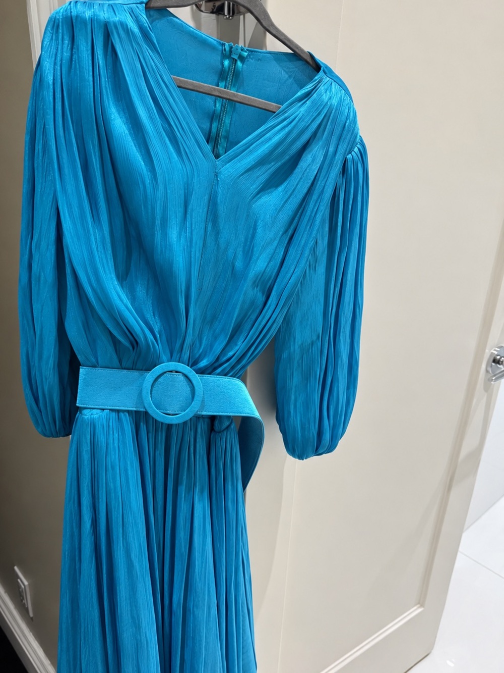 Pleated Teal-Blue Long Sleeve Belted Midi Dress